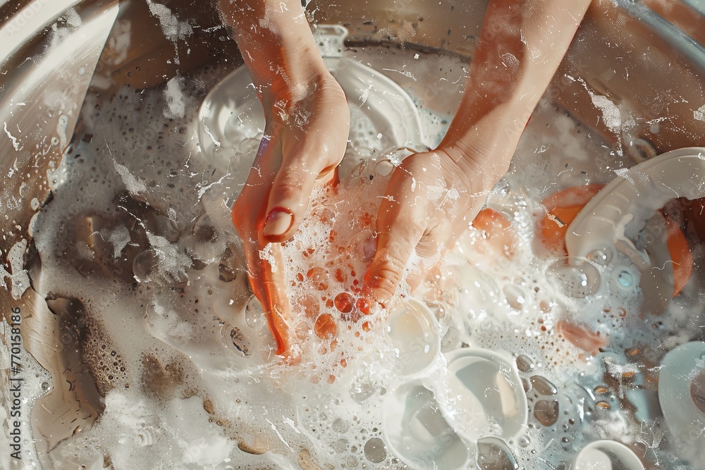 Fototapeta premium Detailed illustration of womans hands scrubbing dishes in well-lit kitchen sink with soapy water