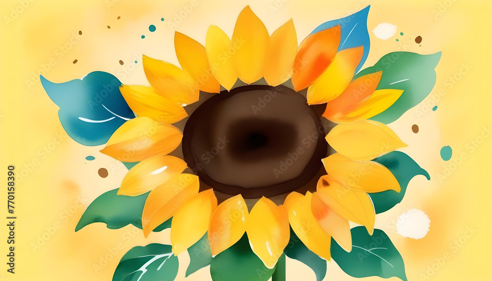 An illustrated sunflower card with a watercolor background