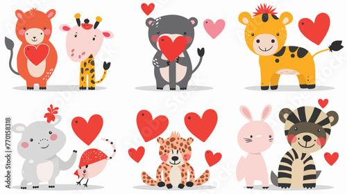Set of cute Cartoon animals with red hearts