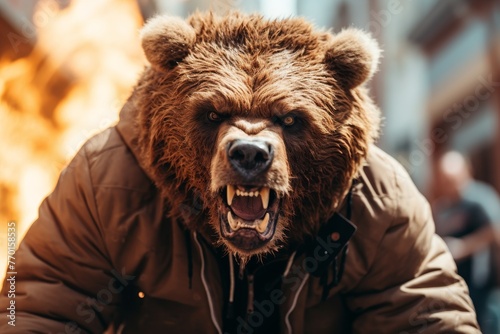 A large, angry bear with a brown fur coat is standing in front of a burning building. The bear is roaring and showing its teeth. The background is a bright orange flame