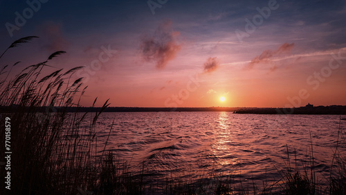 Warm sunset in pink-red colors on the pond