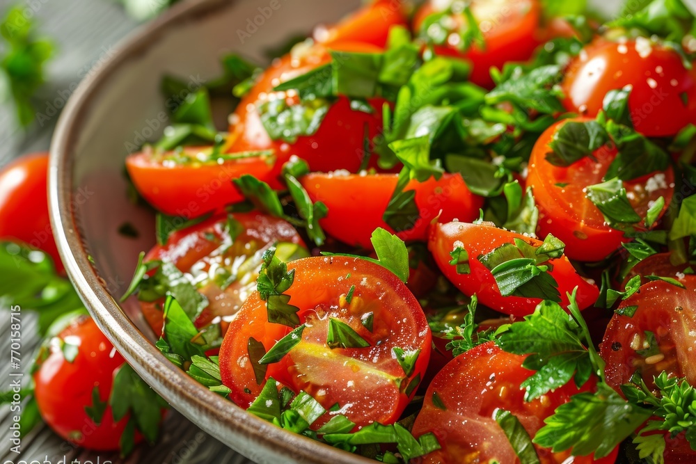 Fresh and nutritious spring salad with herbs and cherry tomatoes for a healthy and balanced diet Fresh and nutritious spring salad with herbs and cherry tomatoes for a healthy and balanced diet