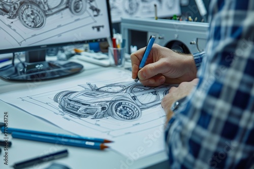 Design engineer creating detailed car part drawing in automotive industry for production process