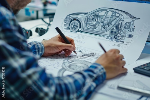 Design engineer creating detailed car part drawing in automotive industry