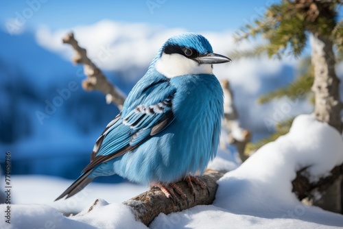 A small, bright blue bird with a white belly and black markings on its head and wings is perched on a snow-covered branch. The background is a blur of white snow and blue sky photo