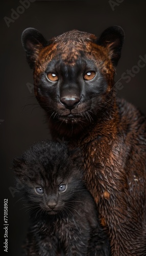 Jaguarundi father and kitten portrait with empty space on the left for text customization © Eva