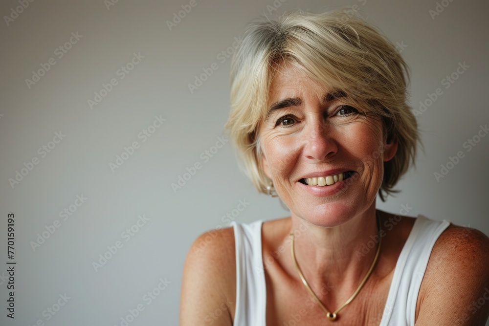 Portrait of a smiling middle-aged woman with short hair. Portrait of a smiling middle-aged woman with short hair.