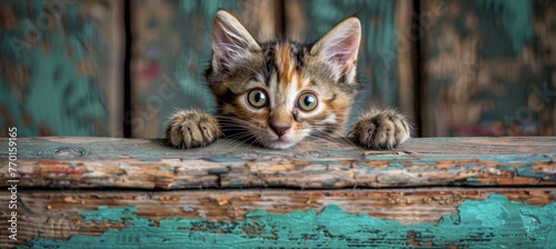 Curious tabby kitten peeking with paws up over blue wooden background, copy space © Ilja