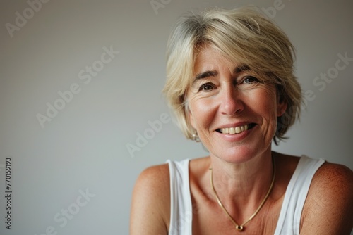 Portrait of a smiling middle-aged woman with short hair.