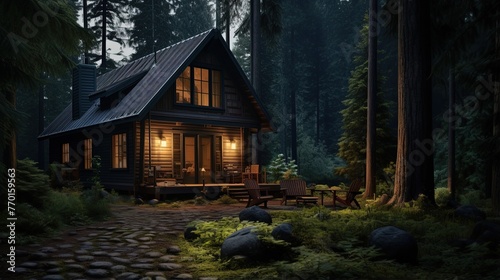 a cozy cabin in the woods surrounded by tall pine trees