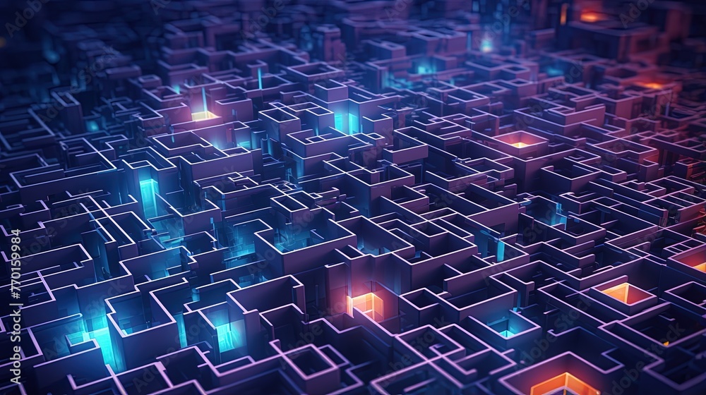 abstract pattern resembling a complex maze structure with neon light trails - obrazy, fototapety, plakaty 