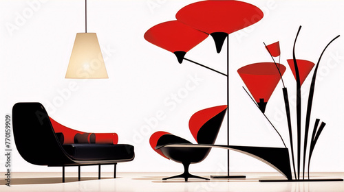 Black and red modern chairs and lamp with white background, drawing, interior design, pop art.