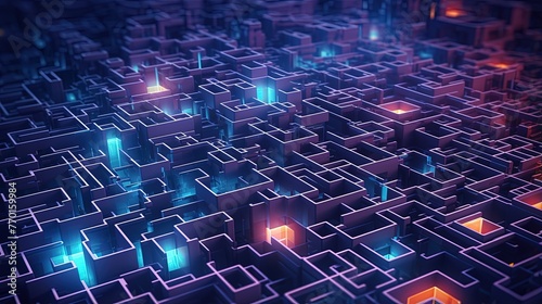 abstract pattern resembling a complex maze structure with neon light trails photo