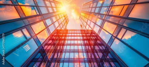 Sunlit skyscrapers reflective business office buildings glowing in the rays of the sun