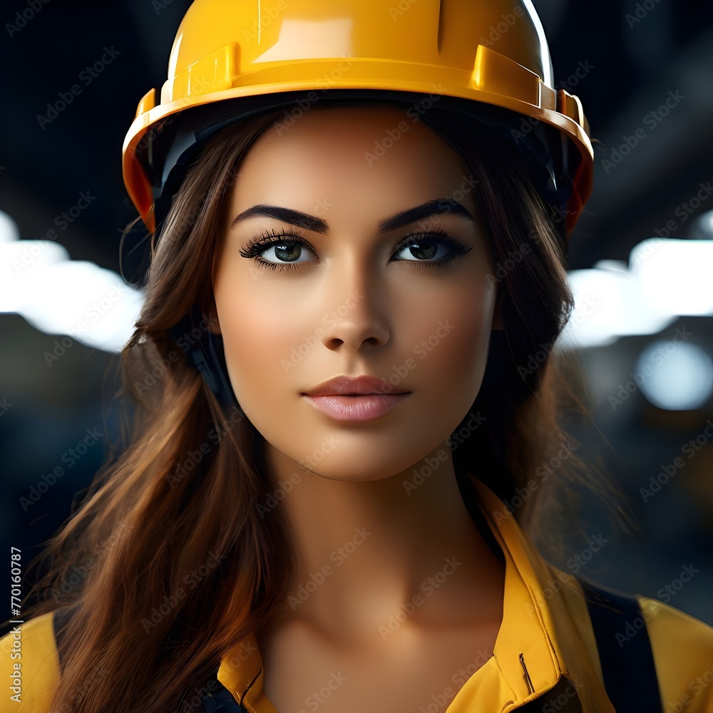 A closeup look of beautiful young female engineer looking straight forward A closeup look of beautiful young female engineer looking straight forward
