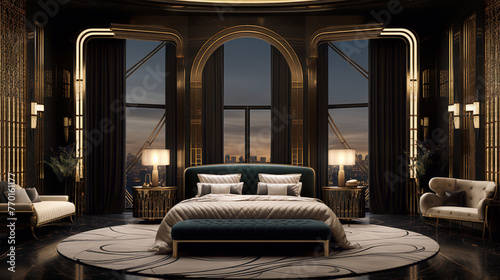 Art deco luxury bedroom interior with dark walls, golden elements, and a large bed photo