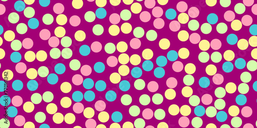 Seamless pattern with colourful dots on violet, birthday or holiday background, vector