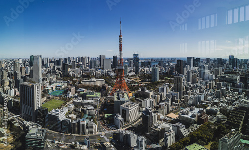 The view of downtown Tokyo and a large tower as seen from an observation deck