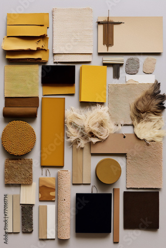 Various samples of interior design materials in warm colors like brown, beige, and yellow, including fabrics, wood, and carpet