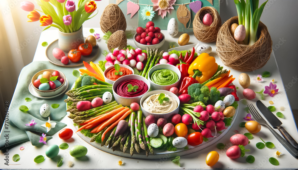 Vibrant Easter Feast of Fresh Vegetables and Dips