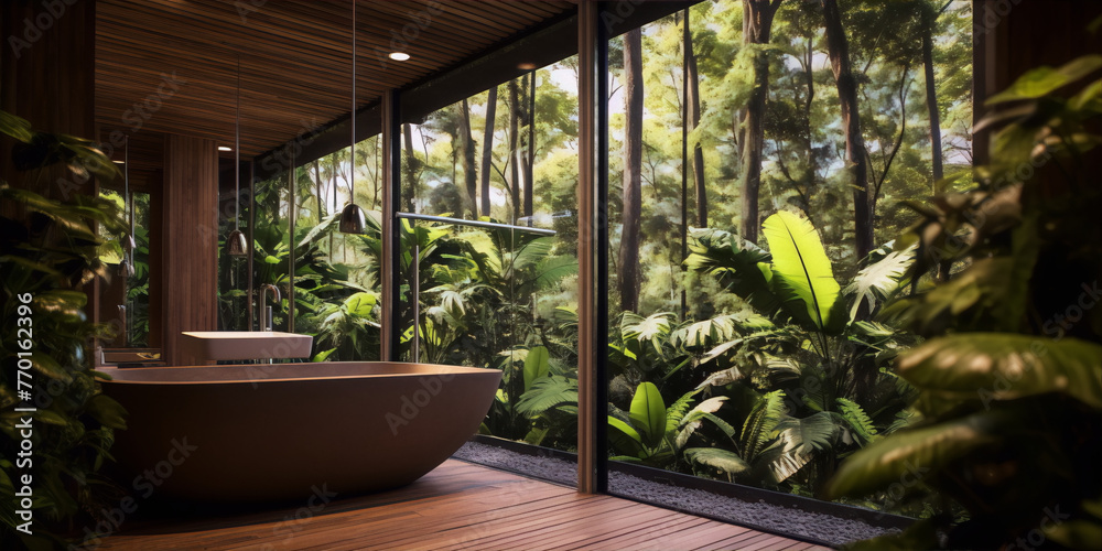 Fototapeta premium Bathroom interior with large windows and tropical forest view, natural colors, 3D rendering