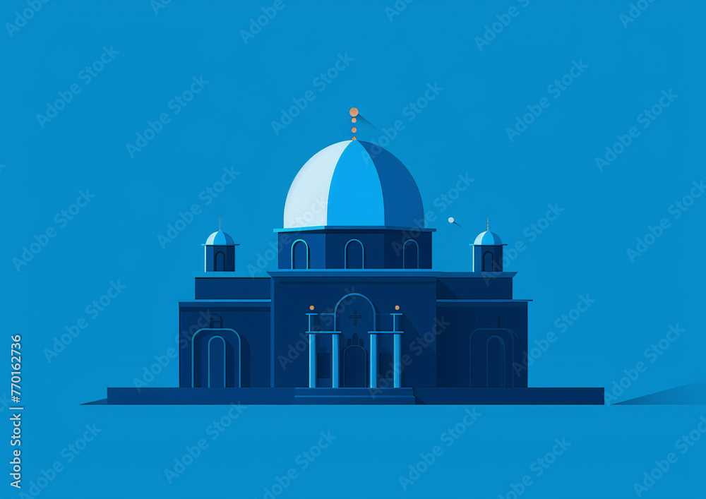 Blue and white flat vector illustration of a church with a large dome and two small domes on a blue background