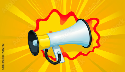 Brightly Colored Cartoon Megaphone on a Radiant Yellow Background with Sound Waves