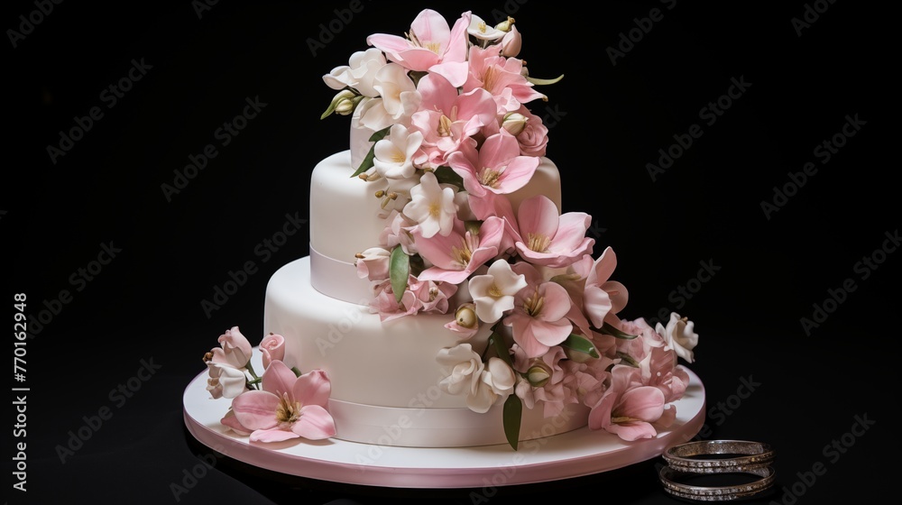 Engagement Cake with Two Intertwined Fondant Rings and Sugar Flowers. Engagement Cake with Two Intertwined Fondant Rings and Sugar Flowers.