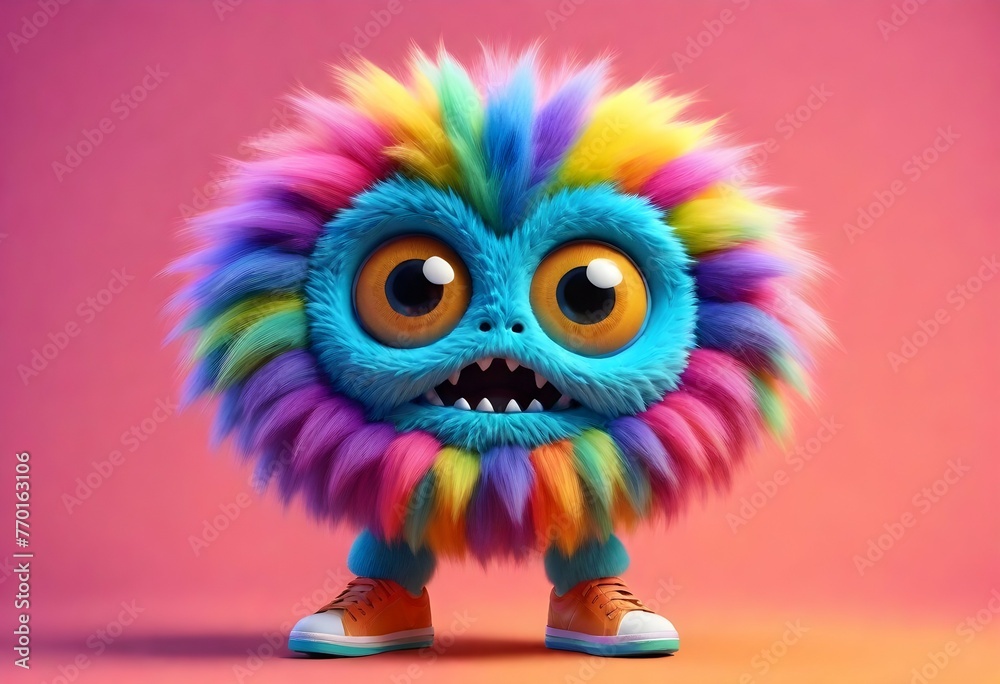 An adorable CGI monster with bulky tennis shoes and big adorable eyes. Multi-colored fur.
