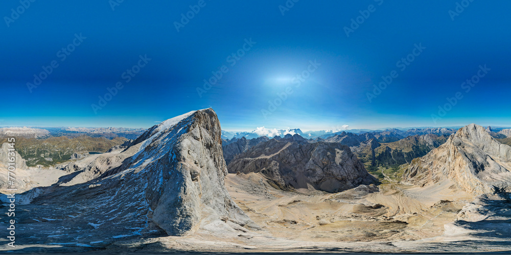 Mount Marmolada in the Dolomites - Aerial view of the the tallest mountain in the Dolomiti, Italy with it's glacier and snow capped peak
