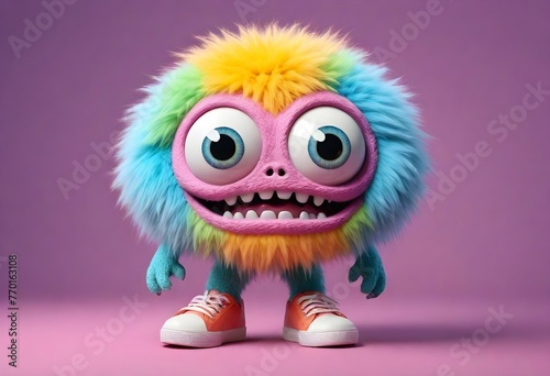An adorable CGI monster with bulky tennis shoes and big adorable eyes. Multi-colored fur.