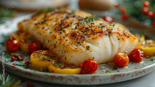 Create a memorable holiday feast with the delicate flavors of homemade baked cod gracing your New Year's Christmas table in a festive setting. This succulent seafood dish, seasoned with aromatic herbs