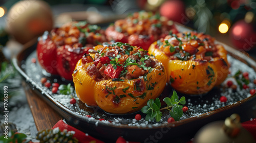 Delight in the flavors of homemade baked stuffed peppers gracing a New Year's Christmas table. These savory peppers, filled with a delicious mixture of ingredients and baked to perfection, add a touch