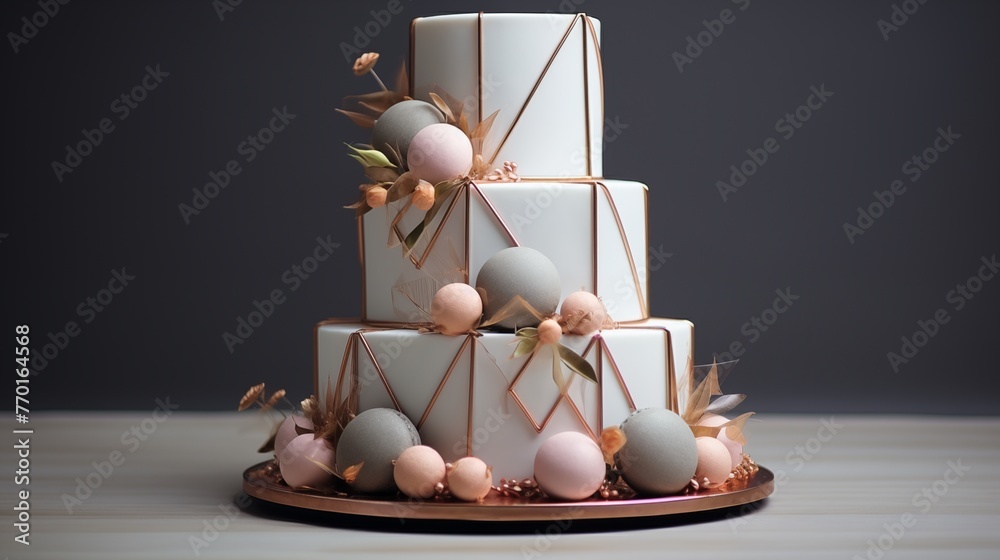 Geometric Cake with Rose Gold Triangles and Macaron Accents.