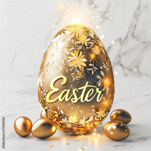 Glowing and shining gold Easter egg with rustic floral pattern on light background. Happy Easter greeting card with lettering. Elegant design template for invitation, flyer, banner, poster