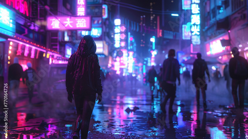 City scape at night with neon lights and robots. Futuristic. Artificial Intelligence. © Will