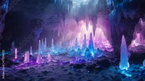 Glowing crystal cave fantasy landscape animation, reflective water, crystal bars photo