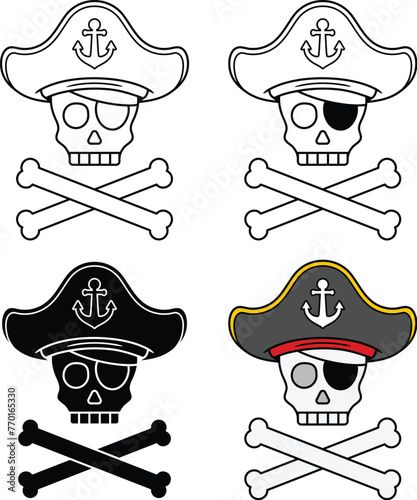 Cartoon Pirate Skull and Crossbones Symbol with Pirate Hat Clipart - Outline, Silhouette & Color