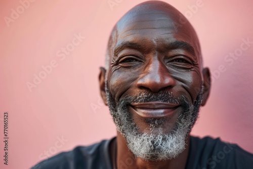 Portrait of a happy senior man with white beard on a pink background