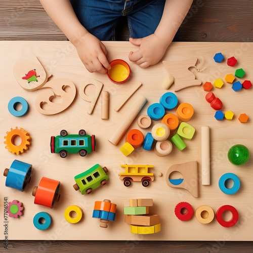 Toddler activity for motor and sensory development. Baby hands with different colorful wooden toys on table 