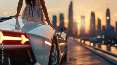 A woman in a flowy dress walks away from the camera her hand trailing on the glossy hood of a highend sports car. The city skyline . .