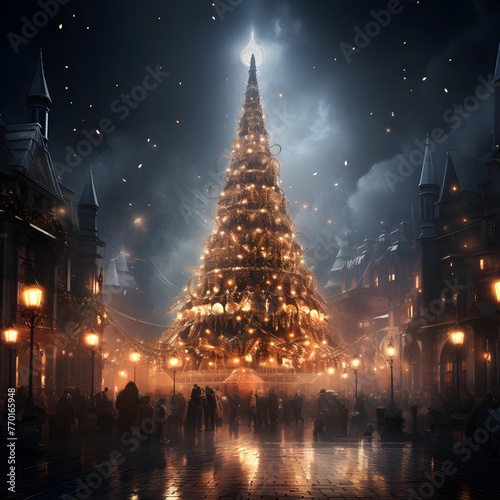 Christmas tree in the city at night. Christmas and New Year background