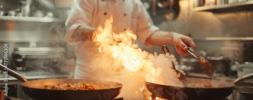 A chef is cooking food in a kitchen with a lot of smoke