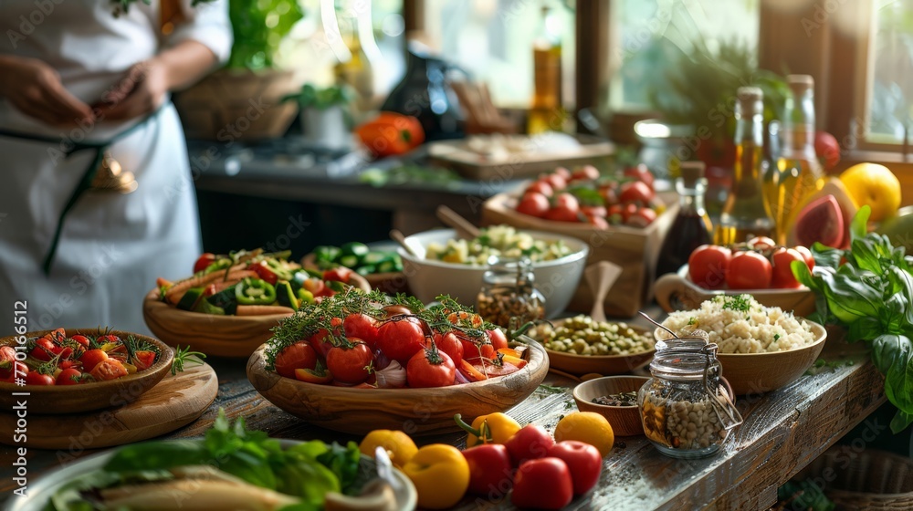A table is covered with a variety of fruits and vegetables, including tomatoes