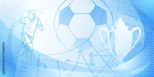 Football themed background in blue tones with abstract dots and curves, with sport symbols such as a football player, stadium, cup and ball