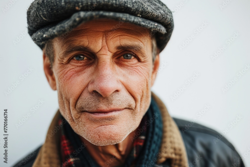 Portrait of an old man in a hat and scarf on a white background Portrait of an old man in a hat and scarf on a white background