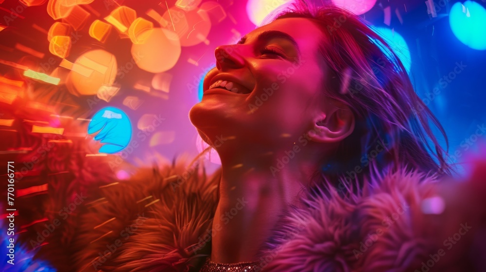 Joyful woman dancing in vibrant club lights, expressing happiness and nightlife energy. Joyful woman dancing in vibrant club lights, expressing happiness and nightlife energy.