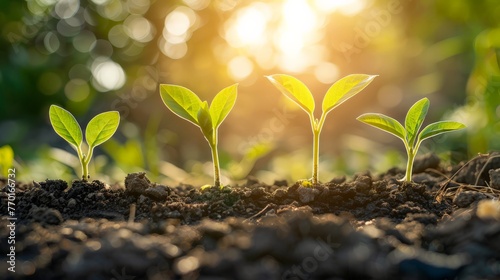 A close up of four young plants growing in the dirt