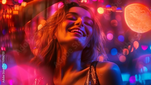 Joyful woman dancing in vibrant club lights, expressing happiness and nightlife energy.