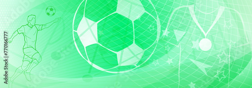 Football themed background in green tones with abstract meshes and curves, with sport symbols such as a football player and ball